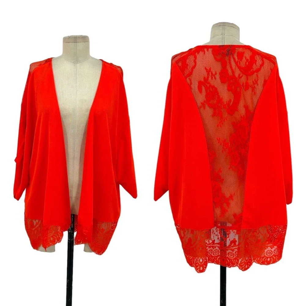 City Chic Neon Orange Open Front Lace Inset Kimono Plus Size‎ 14